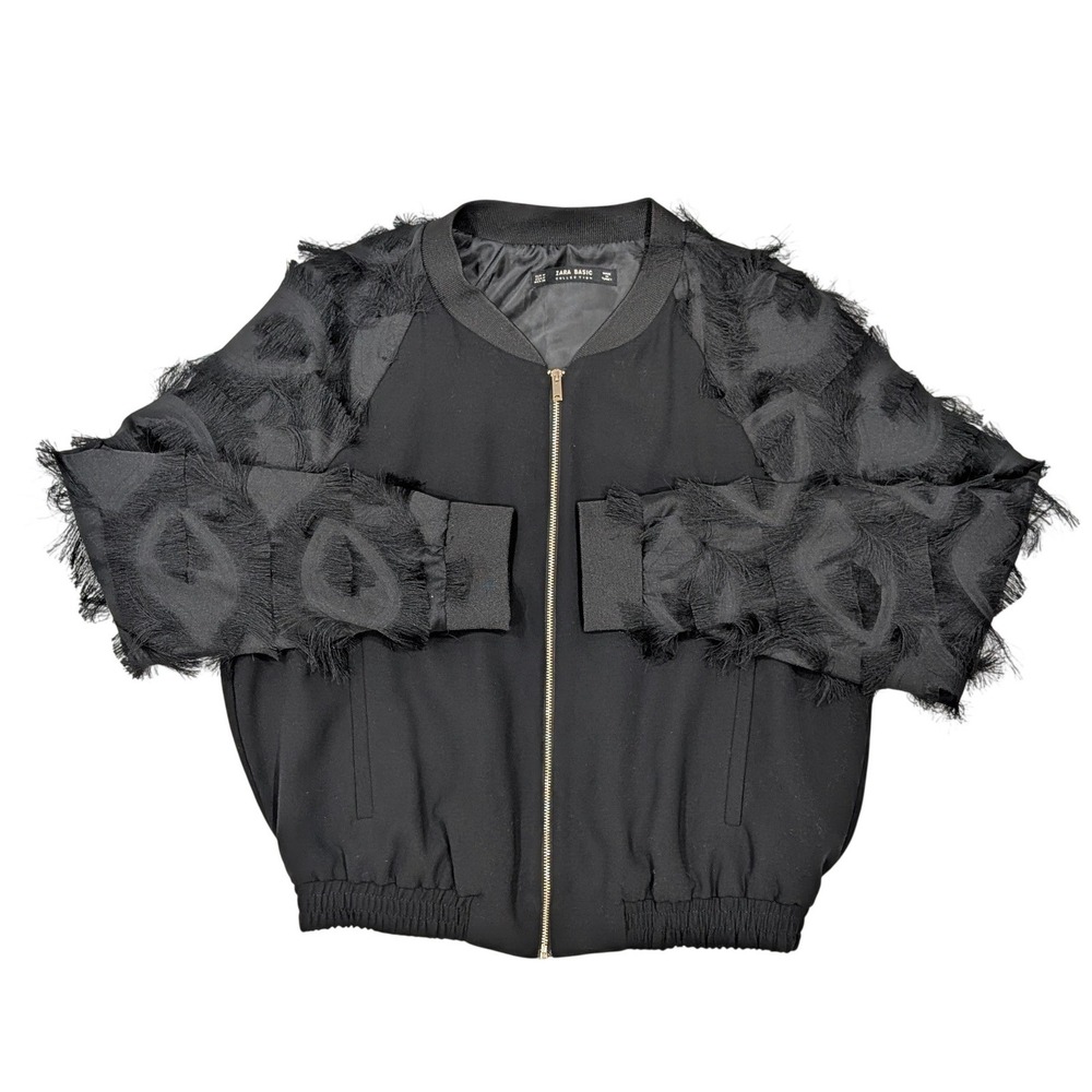 Zara Basic Collection Black Bomber Jacket Fringe … - image 3